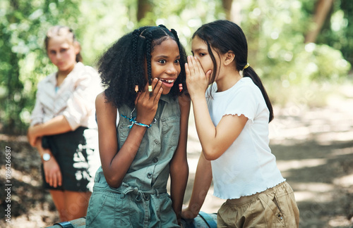 Fényképezés Outdoor, friends and children with surprise for secret, whisper and summer camp gossip for bullying