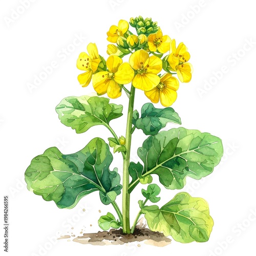 Blooming yellow flower cluster with green leaves, watercolor style