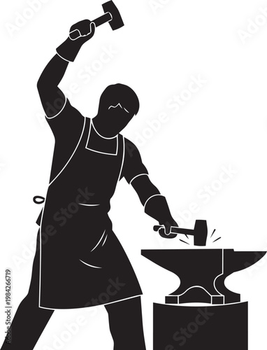 Blacksmith working at an anvil with hammer in workshop, forging metal tools and objects, craftsmanship and industry