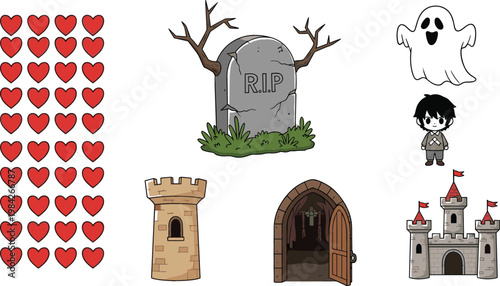 Cartoon Game Asset Vector Set Featuring Heart Life Icons, Haunted Grave Tombstone, Ghost Character, Medieval Castle Tower and Fantasy Dungeon Door