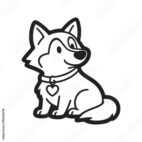 Cute Cartoon Husky Dog Looking at Hanging Heart Shape Black White Illustration.