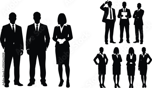 Business, people, silhouettes, team, corporate, professionals, men, women, standing, group, office, workers, isolated, white, background, leadership, teamwork, concept, collection