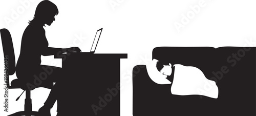 Silhouette of a woman working on a laptop at a desk with a person sleeping in bed in the background