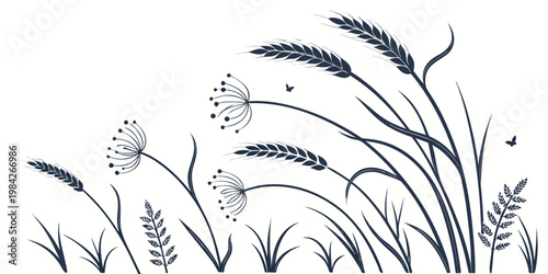 Whimsical meadow silhouette illustration with wheat stalks and flowers with small butterflies field grass white background wild grass botanical art silhouette wildflowers