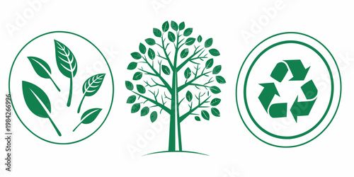 Three green eco-icons including stylized leaf arrangements a decorative tree a classic recycling emblem eco friendly environment recycling sustainability conservation