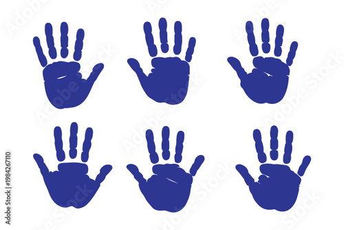 Set of black ink human handprint silhouettes for identity biometric security human rights community support stop violence protest and abstract creative art design .