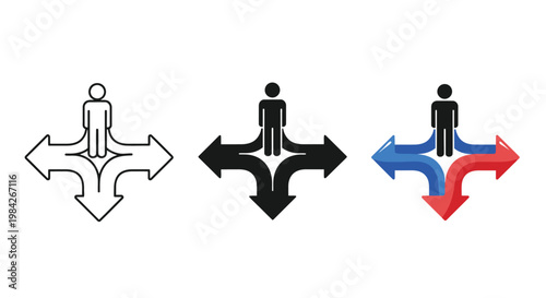 Vector graphic illustration depicting a person standing at a crossroads, symbolizing crucial decisions, multiple path options, and navigating complex life choices.