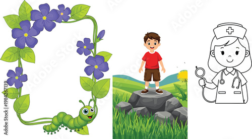 Cute Caterpillar with Purple Flower Vine Frame, Boy Standing on Rock in Nature Landscape, and Nurse Cartoon Character Vector Illustration