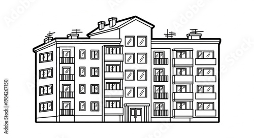 Modern Apartment Building Facade Line Art Illustration.