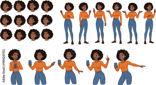 Cartoon character woman poses expressions set female avatar gestures emotions smartphone usage flat vector illustration collection design