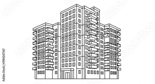 Modern Apartment Building Facade Line Drawing Architectural Sketch.