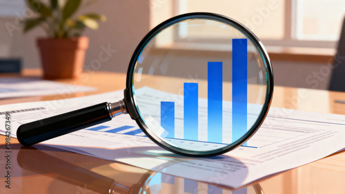 Close-up view of a magnifying glass over a bar chart, illustrating financial growth and analysis