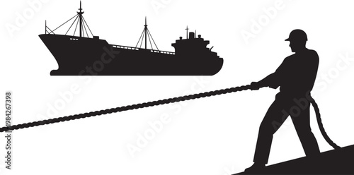 Silhouette of a person pulling a ship with a rope on a, illustrating strength and determination in maritime work