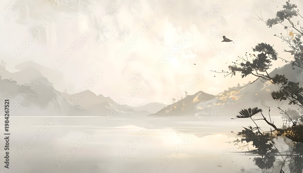 Naklejka premium Embrace the tranquil clarity of a misty mountain lake, a serene landscape that perfectly symbolizes the focused mind and fresh start for the journey back to school