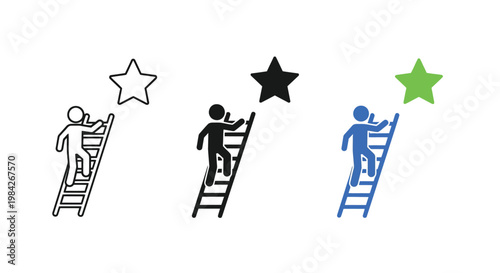Minimalist vector graphic illustration showing stick figures climbing ladders to reach for stars representing professional goals and personal ambition for success in a modern business design