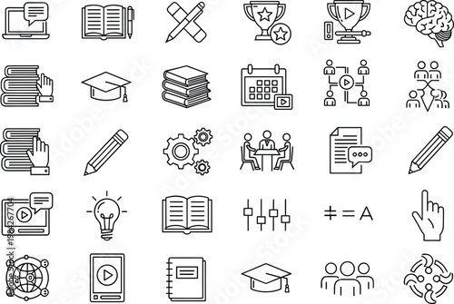 education, learning, icons, set, online, course, study, knowledge, academic, classroom, digital, training, ebook, student, teacher, outline, vector, illustration, collection, symbols