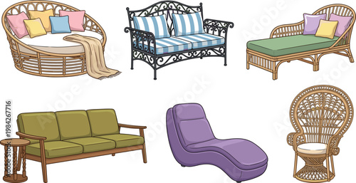 Outdoor and indoor lounge furniture set illustration with sofas wicker chairs and chaise lounge, stylish seating collection and home decor concept