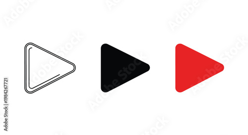 This set of minimalist vector graphic play button icons features three distinct styles including outline black fill and bold red fill for diverse digital user interfaces