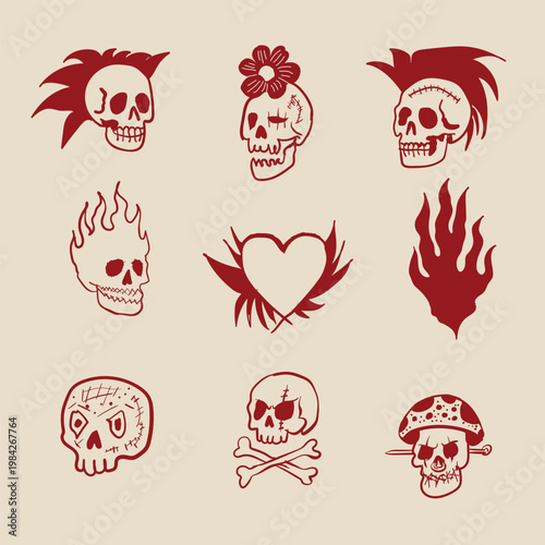 Punk Skull Vector Set with Flames Heart and Edgy Tattoo Style Icons