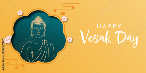 Vesak Day Greeting Card with Buddha Line Art, Decorative Frame, and Warm Yellow Cultural Background Design