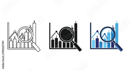Vector illustration showing a magnifying glass analyzing a candlestick chart, symbolizing financial market data analysis, business growth, and economic trends investigation.