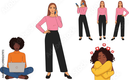 Female character lifestyle set modern women using smartphone laptop self love poses diverse people illustration flat vector collection design