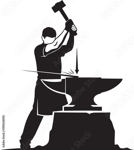 Silhouette of a blacksmith hammering metal on an anvil with sparks flying in a workshop scene