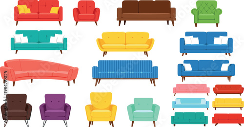 Modern sofa and armchair collection with colorful furniture designs for living room interior isolated vector illustration set