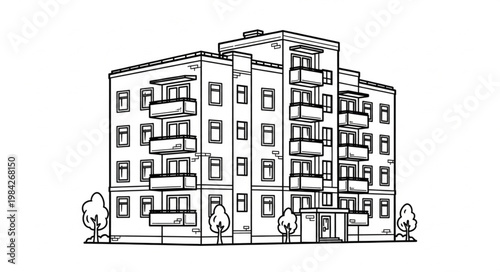 Modern Apartment Building Exterior Facade Sketch.