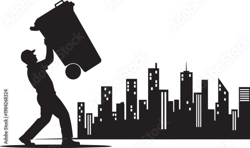 Silhouette of a person pushing a large trash bin with a cityscape in the background