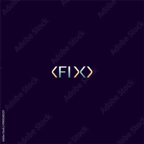 Bold FIX wordmark logo framed by HTML angle brackets with gradient finish, ideal for software development, tech repair, coding agency, startup, and digital IT brand identity design