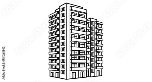 Modern Apartment Building Facade Line Art Illustration.