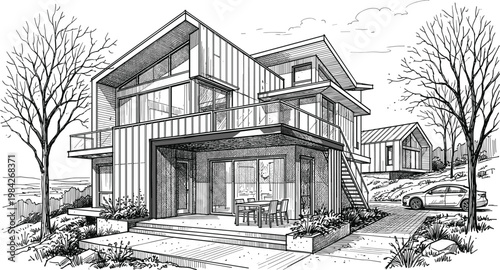 Modern suburban house exterior sketch illustration with wooden facade, contemporary residential design, landscaped yard and stylish family home concept