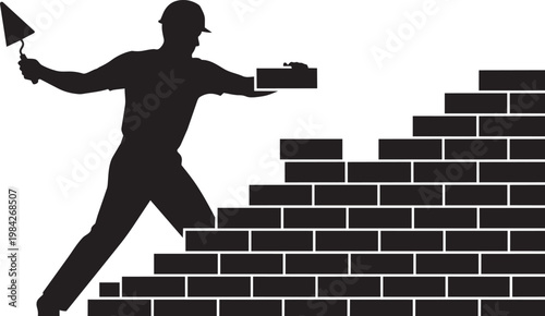 Silhouette of a bricklayer or mason building a brick wall, holding a trowel and placing a brick