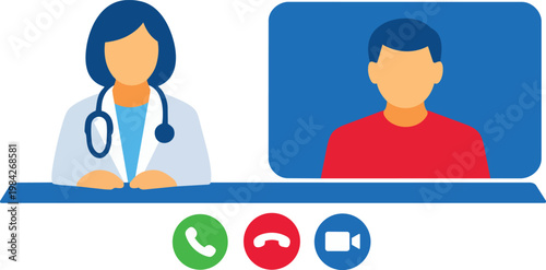 Doctor and patient video call telehealth consultation mobile app flat vector illustration.