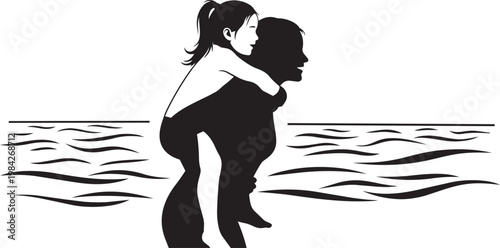 Happy father giving daughter a piggyback ride by the sea, black and white illustration