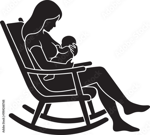 Silhouette of a mother breastfeeding her baby while sitting in a rocking chair, symbolizing maternal love and care