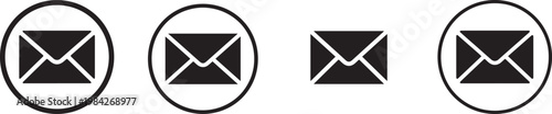 Collection of four black silhouette envelope icons, representing email communication and mail services, digital messaging symbols on transparent background.