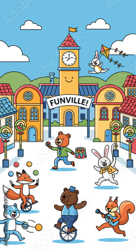 A whimsical illustration of a charming town square filled with anthropomorphic animals performing various circus acts under a bright blue sky.