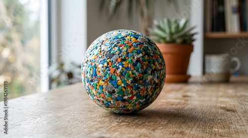 Recycled Plastic Pellet Sphere on Wooden Table Sustainability Concept