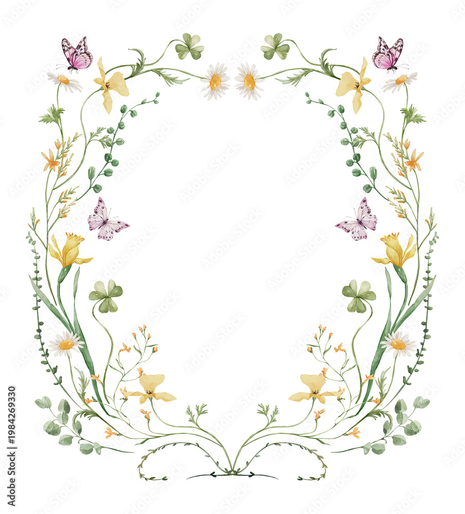 Fototapeta premium Watercolor garden wildflowers floral wreath, spring summer floral circle frame