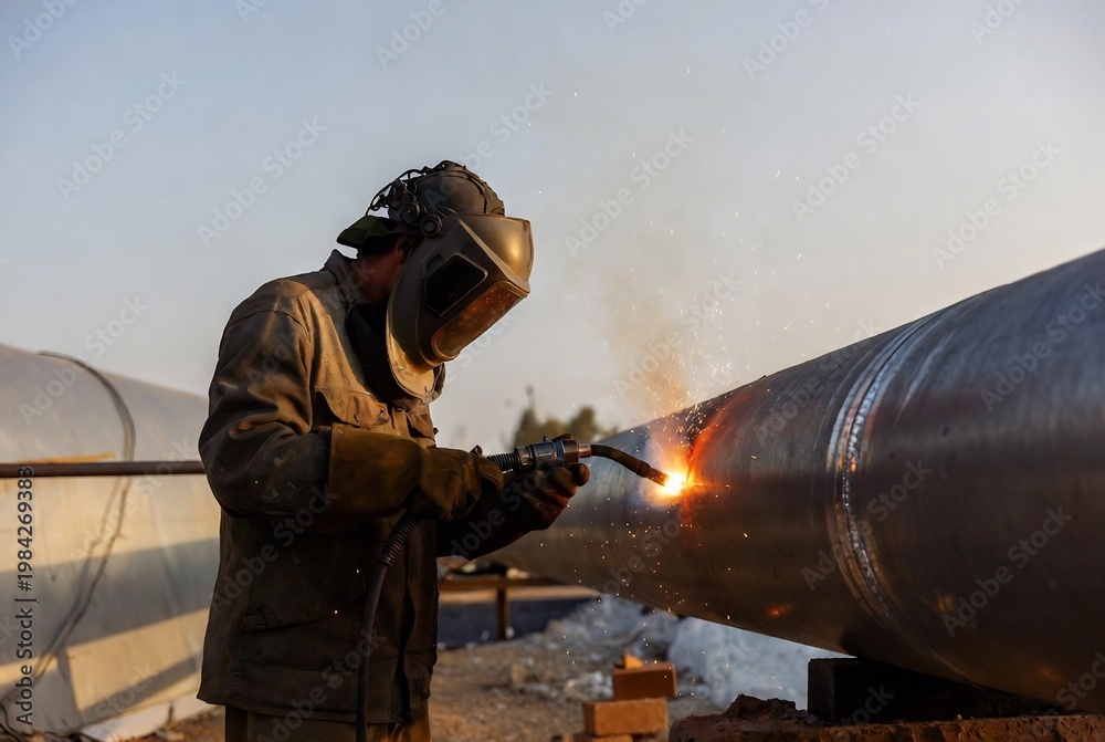 Fototapeta premium A welder is welding a large pipe. It’s an industrial construction site with a pipeline.
