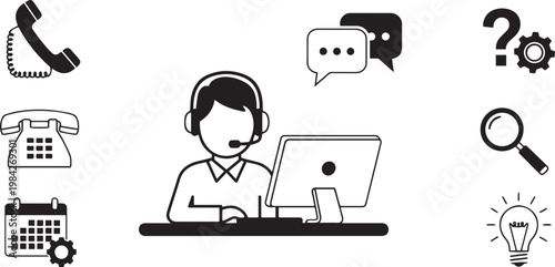 Customer support agent with computer and headset surrounded by communication and problem solving phone