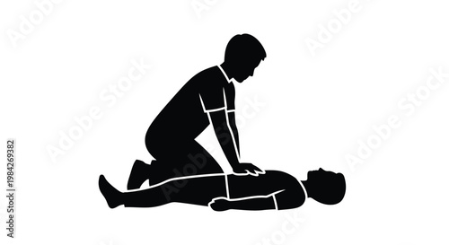A stark black silhouette depicts a person kneeling and appearing to administer aid to another lying prone showcasing medical assistance silhouette high quality professional