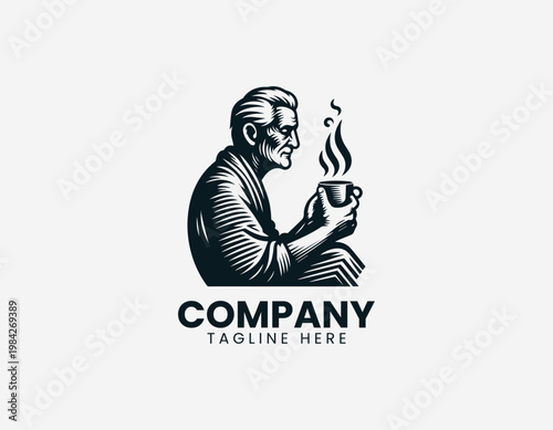 A mature senior man is depicted sitting on a wooden chair while drinking hot steaming coffee in a minimalist black vector style.
