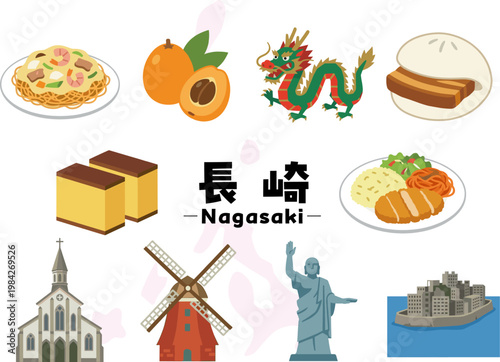 長崎県の名物と観光アイコンセット（長崎ちゃんぽん・カステラ・角煮まん・大浦天主堂・平和祈念像・軍艦島）
