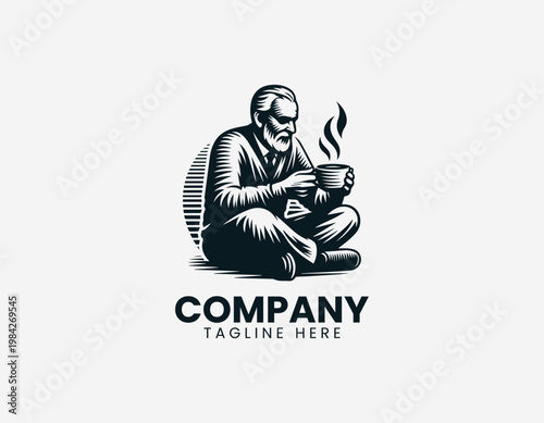 A mature senior man is depicted sitting on a wooden chair while drinking hot steaming coffee in a minimalist black vector style.