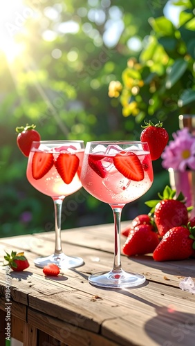 Two strawberry cocktails with ice on a wooden table, sunlit garden backdrop