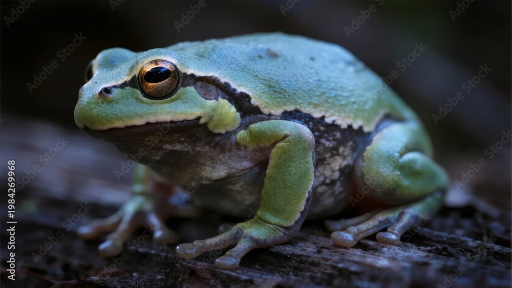 Obraz premium Close-up of a green tree frog resting on bark in a natural setting