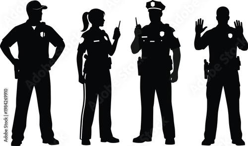police officers silhouette set law enforcement security team authority protection uniform patrol safety service emergency duty illustration design